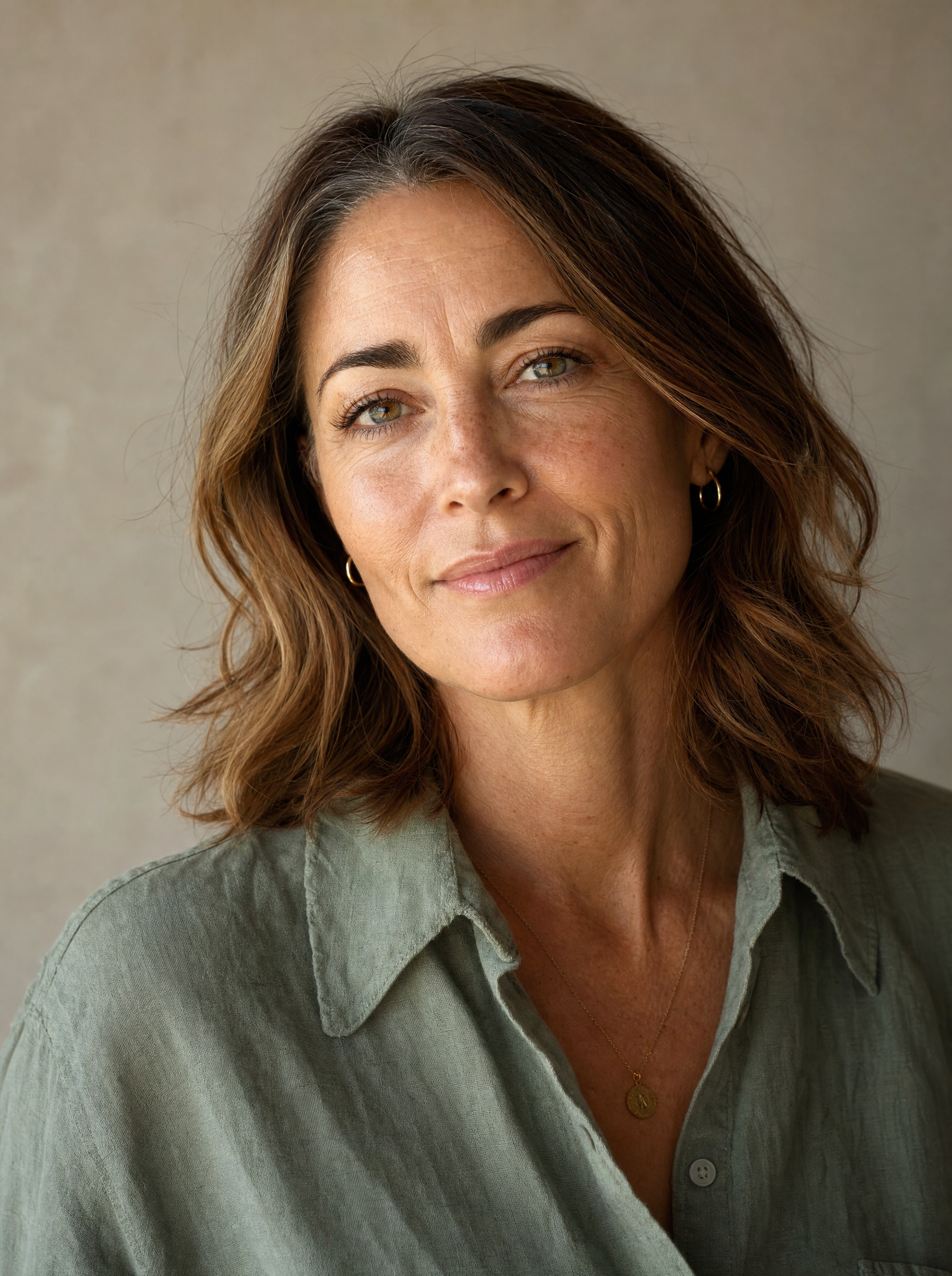 Eleanor Thornton — face of The Midlife — sage linen shirt, calm direct gaze