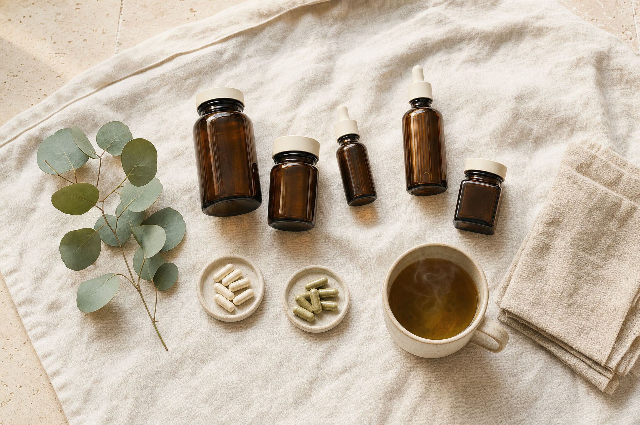 Overhead flat-lay of supplement bottles on cream linen — 5 amber bottles, eucalyptus, ceramic mug