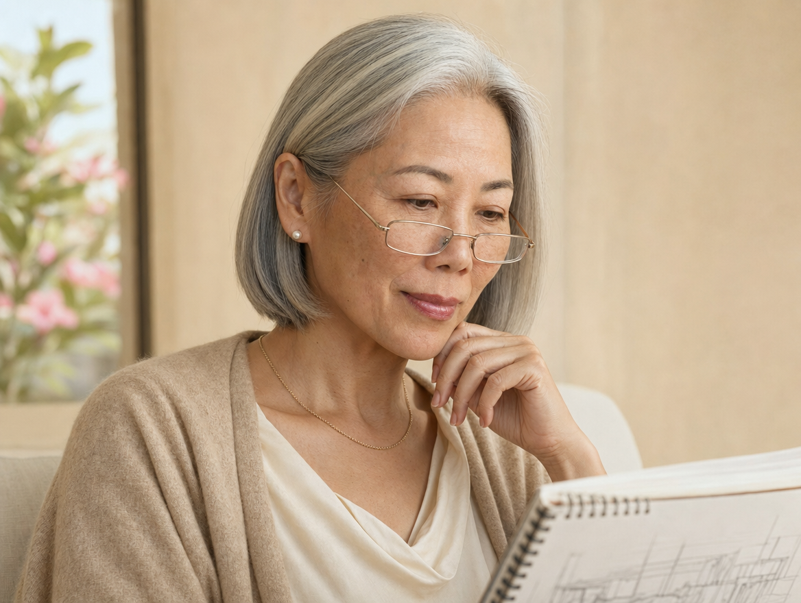 Editorial portrait — Australian woman in her mid-50s, looking down at an open sketchbook, calm considered expression, soft afternoon light