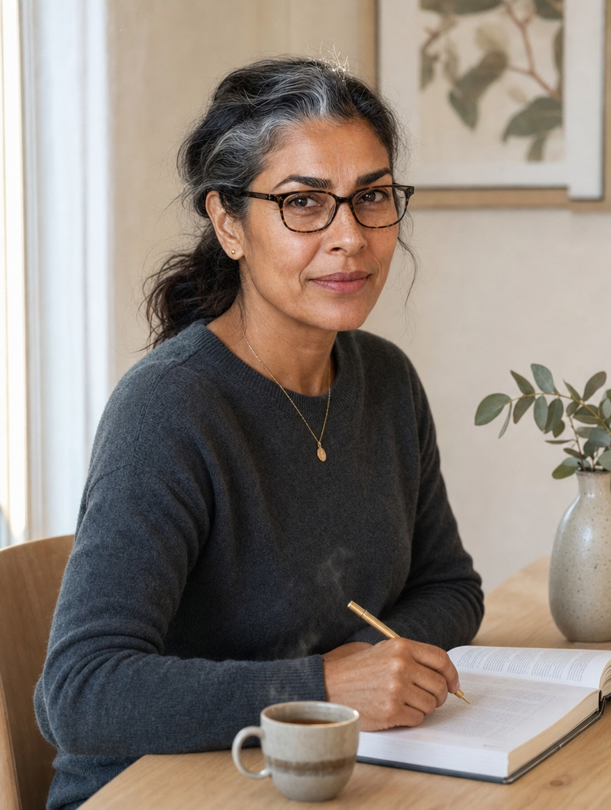 Editorial portrait — Australian woman in her early 50s seated at a sunlit writing desk reading research, slim tortoiseshell glasses, charcoal merino, eucalyptus on the desk
